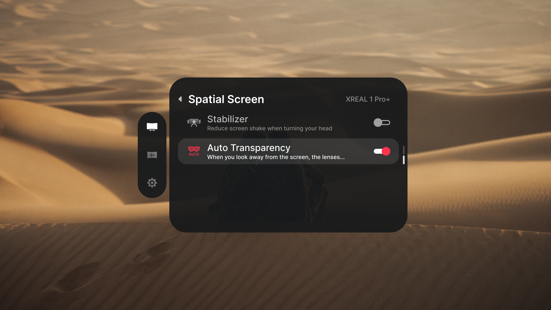Auto Transparency enabled in the XREAL 1 Pro+ Spatial Screen menu.