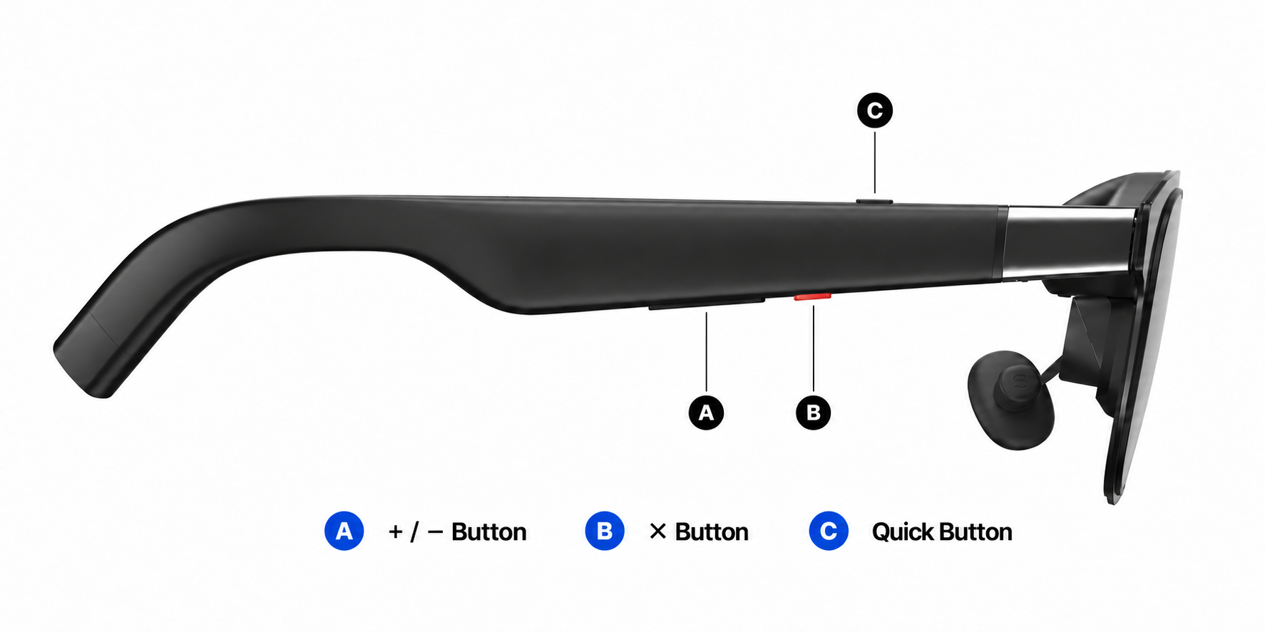 Locations of the + / −, X, and Quick buttons on XREAL 1 Pro+.