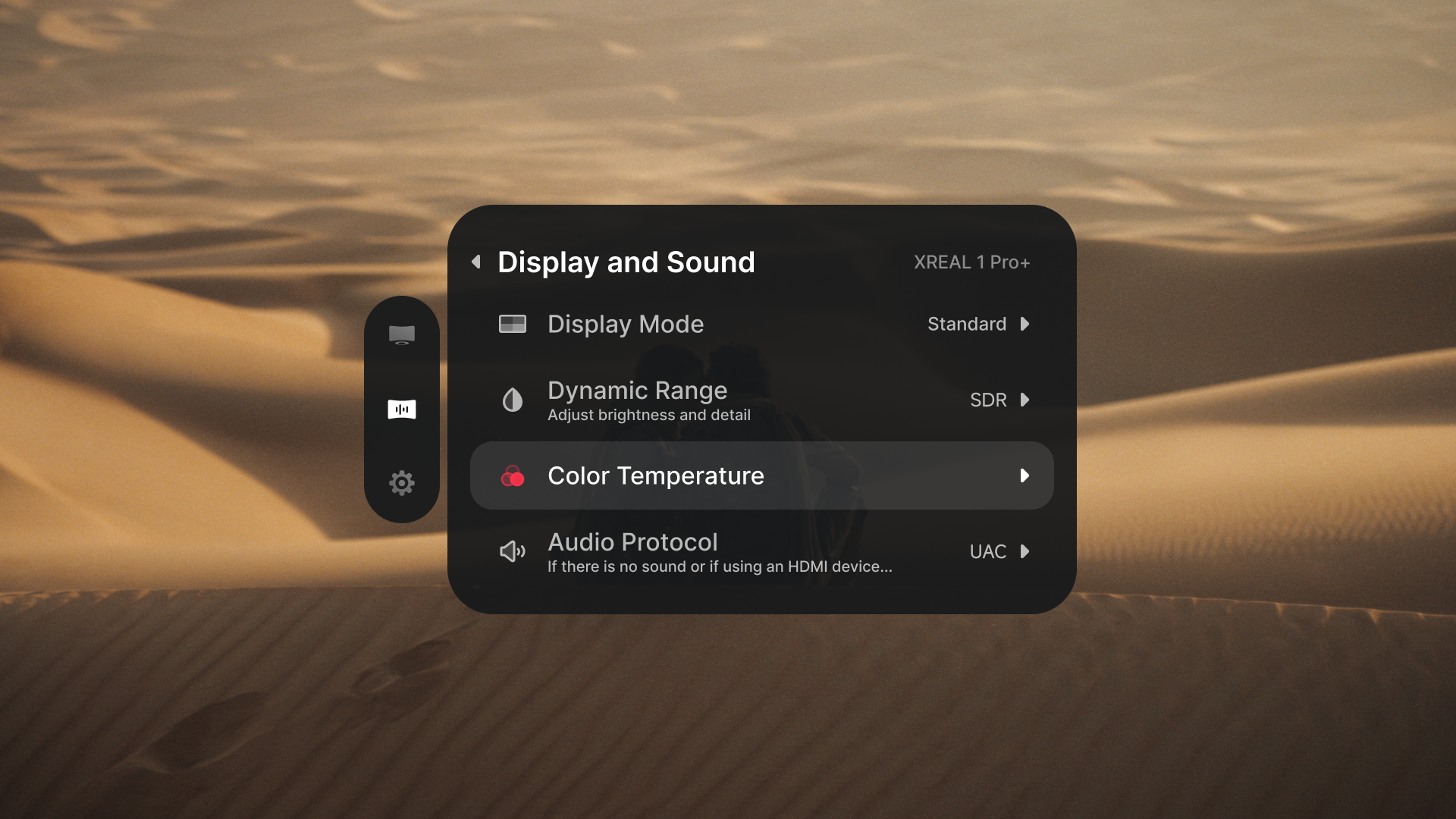 Color Temperature selected in the XREAL 1 Pro+ Display and Sound menu.