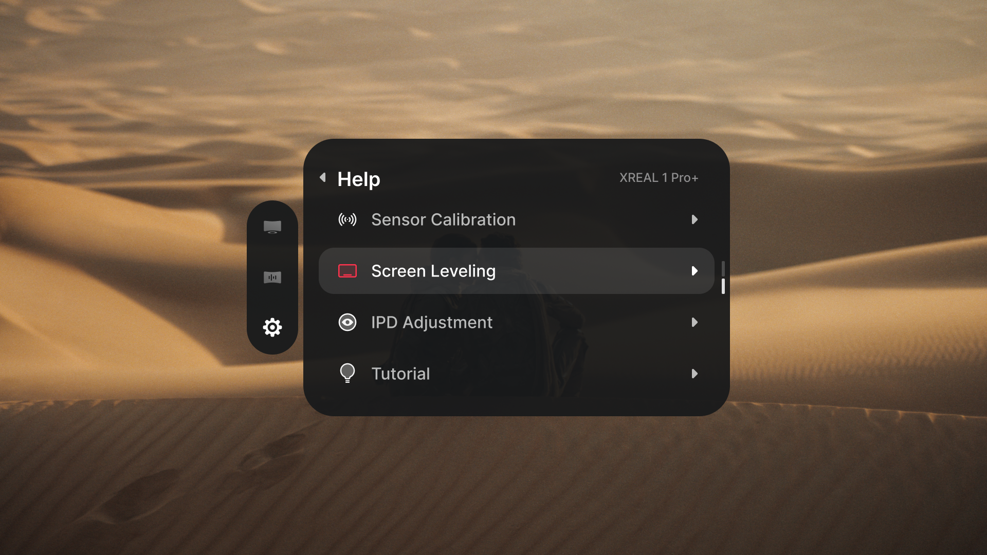 Screen Leveling selected in the XREAL 1 Pro+ Help menu.