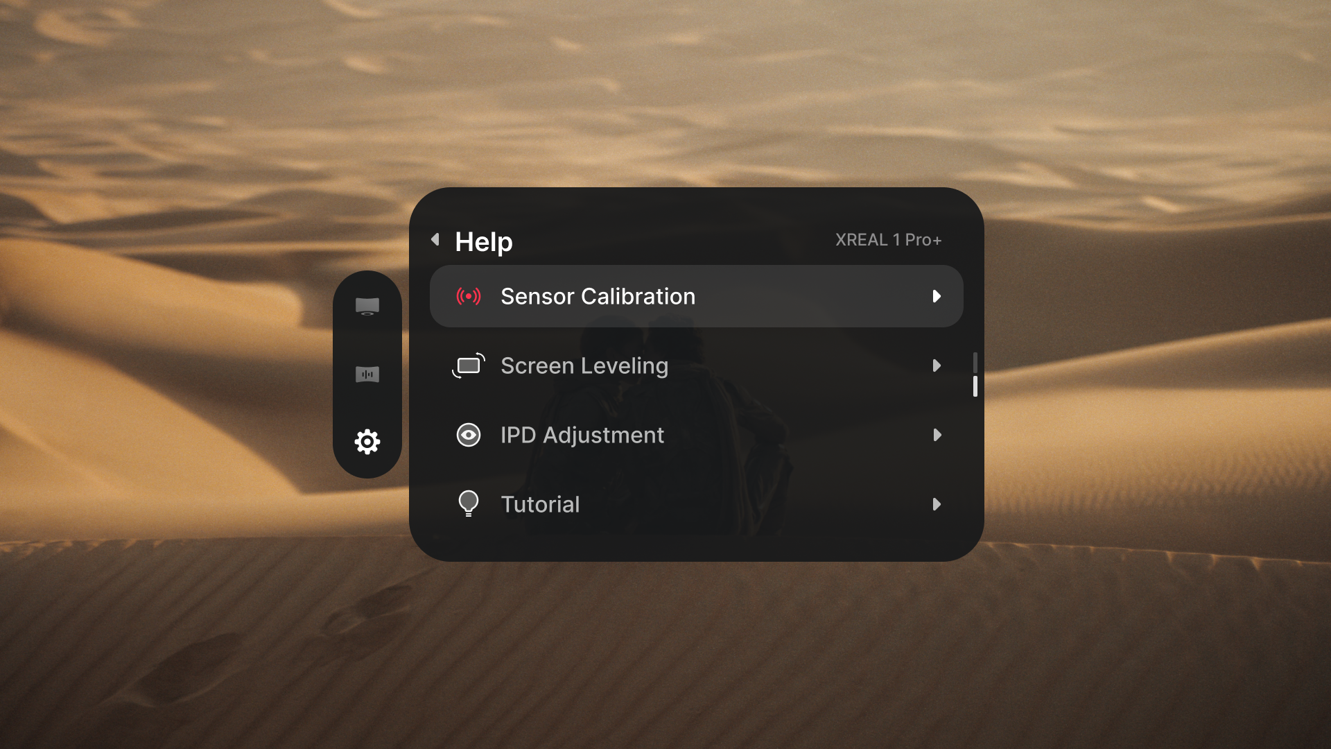 Sensor Calibration selected in the XREAL 1 Pro+ Help menu.