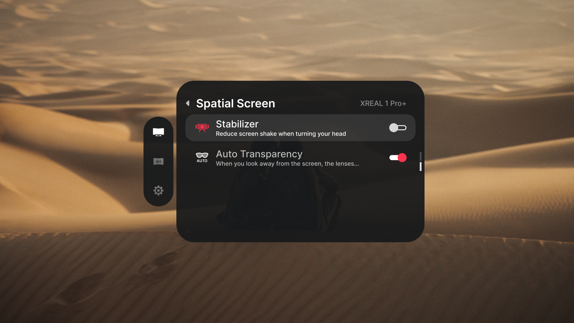 Stabilizer selected and currently off in the XREAL 1 Pro+ Spatial Screen menu.