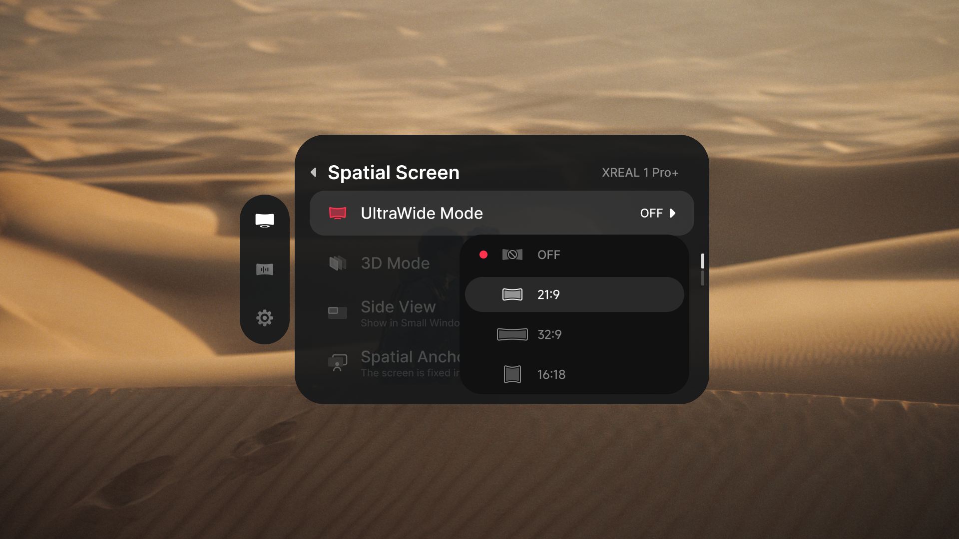 UltraWide Mode menu showing Off, 21:9, 32:9, and 16:18, with 21:9 highlighted.